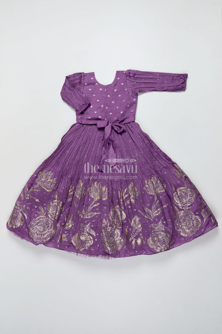 The Nesavu Girls Silk Gown Girls Purple Silk Gown with Designer Yoke for Birthday and Festive Wear Nesavu Nesavu purple silk gown girls designer yoke  ideal birthdays festive celebrations