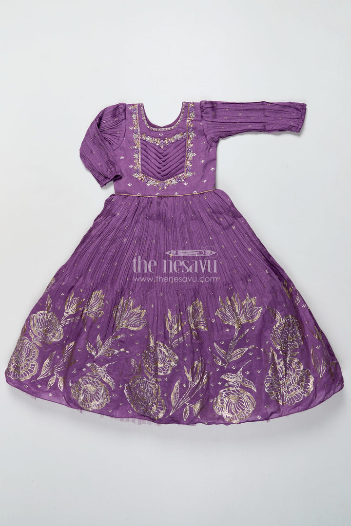 The Nesavu Girls Silk Gown Girls Purple Silk Gown with Designer Yoke for Birthday and Festive Wear Nesavu Nesavu purple silk gown girls designer yoke  ideal birthdays festive celebrations