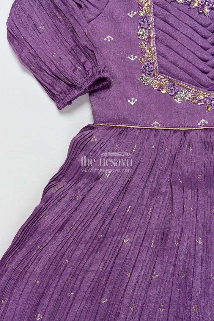 The Nesavu Girls Silk Gown Girls Purple Silk Gown with Designer Yoke for Birthday and Festive Wear Nesavu Nesavu purple silk gown girls designer yoke  ideal birthdays festive celebrations
