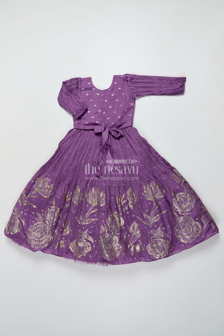 The Nesavu Girls Silk Gown Girls Purple Silk Gown with Designer Yoke for Birthday and Festive Wear Nesavu Nesavu purple silk gown girls designer yoke  ideal birthdays festive celebrations