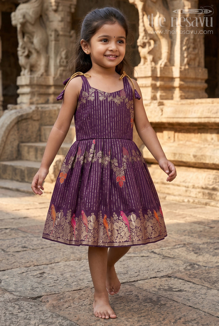 The Nesavu Tie-up Frock Girls Purple Tie up Frock for Weddings and Festive Events Nesavu 16 (1Y) / Purple / Semi Banarasi T439A-16 Nesavu Girls Purple Semi Banaras Tie Up Frock For Weddings And Festive Occasions