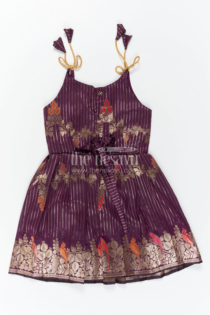 The Nesavu Tie-up Frock Girls Purple Tie up Frock for Weddings and Festive Events Nesavu Nesavu Girls Purple Semi Banaras Tie Up Frock For Weddings And Festive Occasions