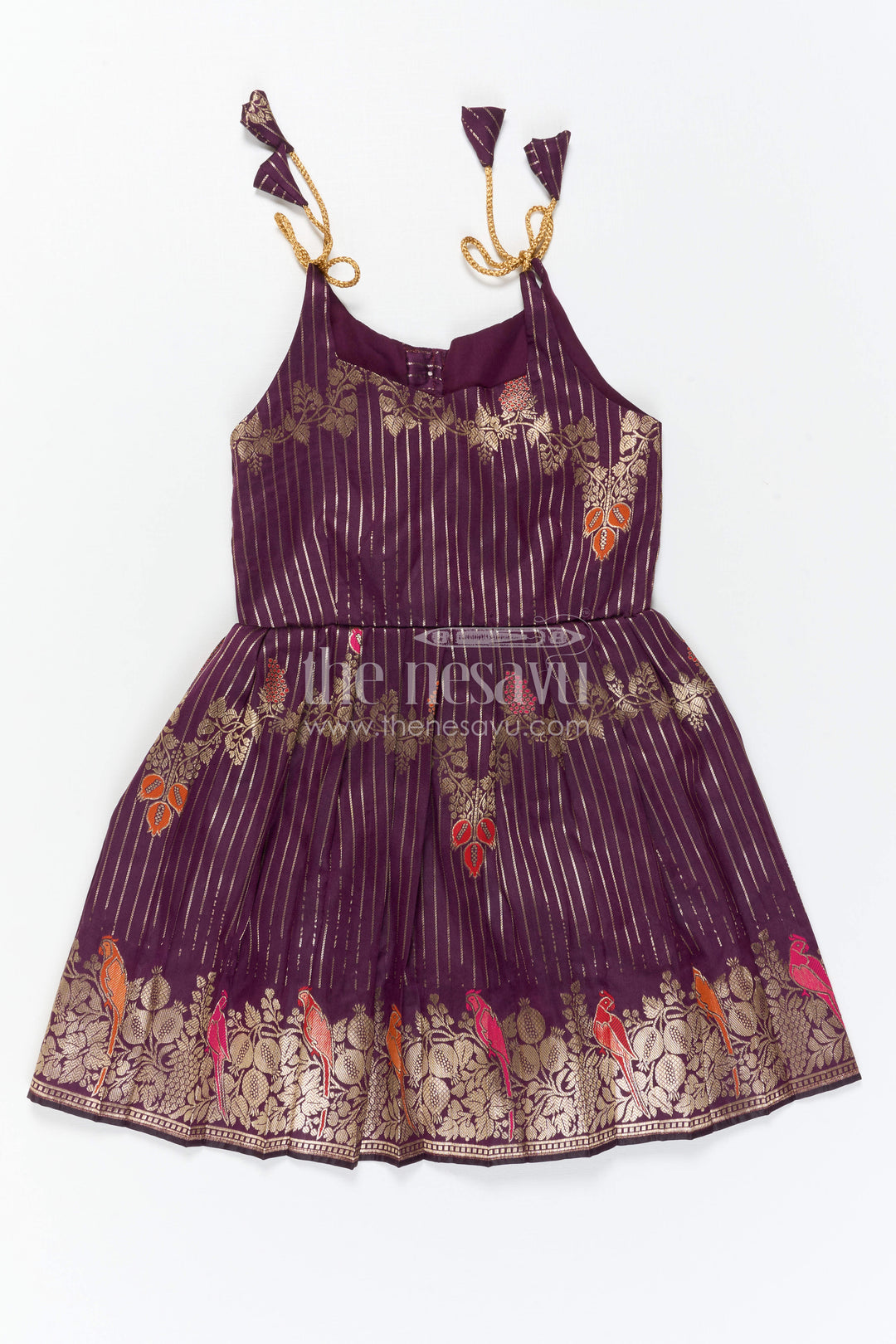 The Nesavu Tie-up Frock Girls Purple Tie up Frock for Weddings and Festive Events Nesavu Nesavu Girls Purple Semi Banaras Tie Up Frock For Weddings And Festive Occasions