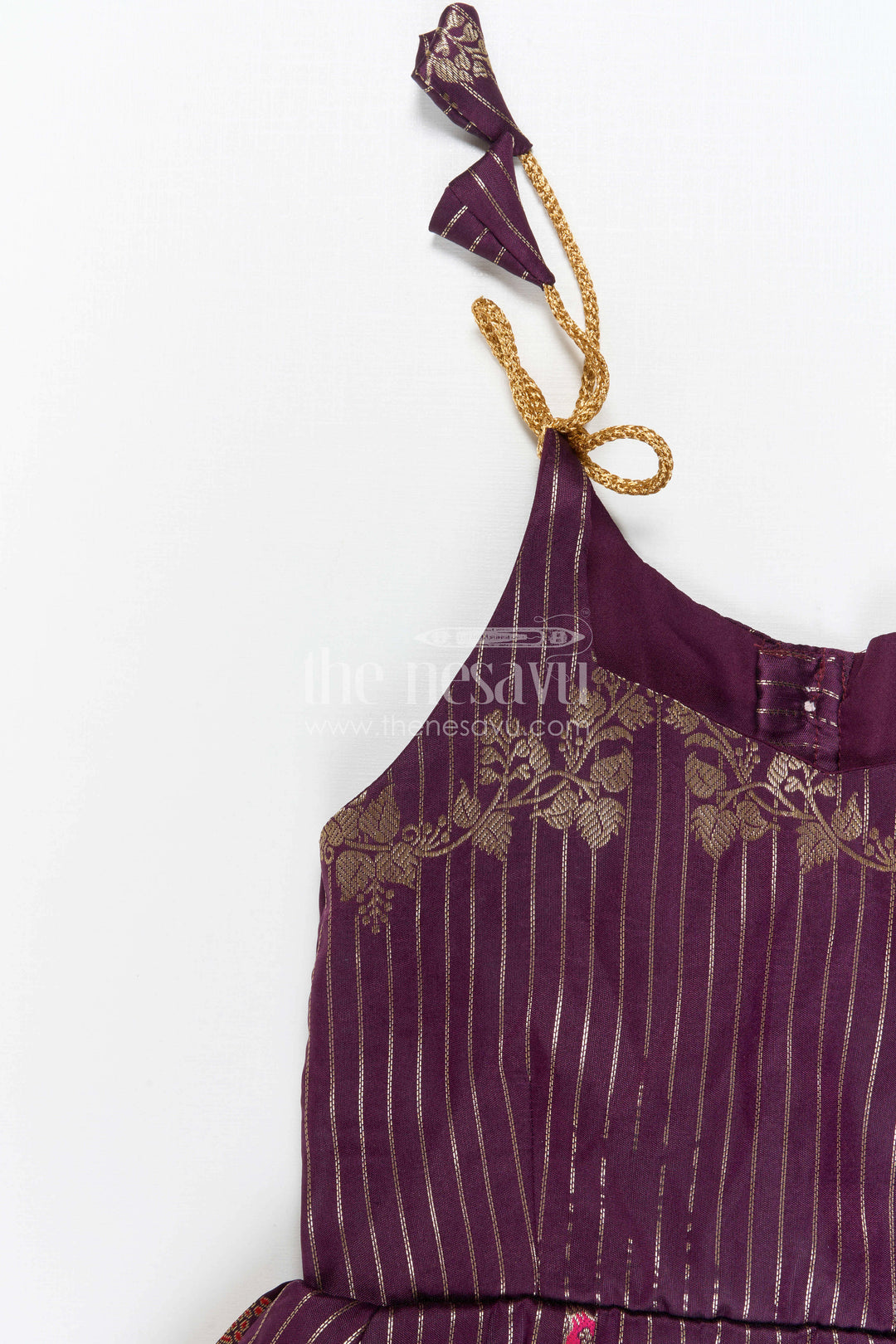 The Nesavu Tie-up Frock Girls Purple Tie up Frock for Weddings and Festive Events Nesavu Nesavu Girls Purple Semi Banaras Tie Up Frock For Weddings And Festive Occasions