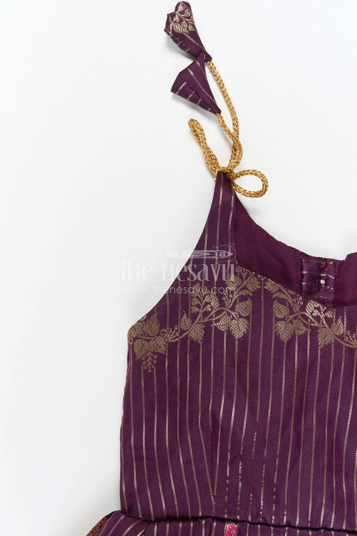 The Nesavu Tie-up Frock Girls Purple Tie up Frock for Weddings and Festive Events Nesavu Nesavu Girls Purple Semi Banaras Tie Up Frock For Weddings And Festive Occasions