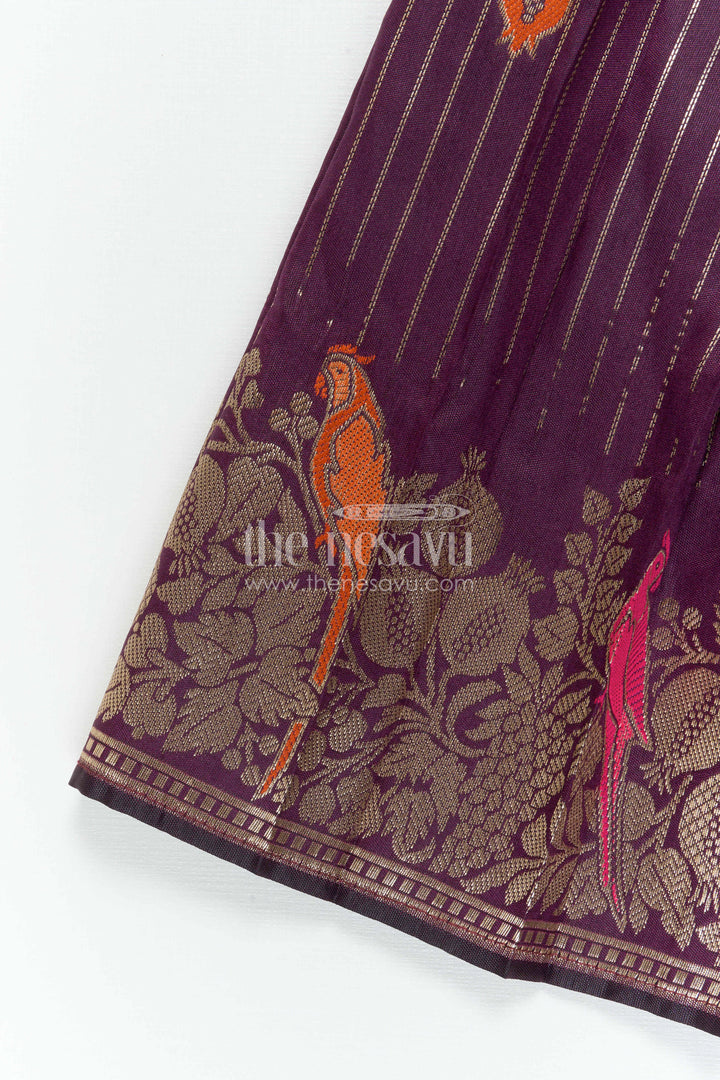 The Nesavu Tie-up Frock Girls Purple Tie up Frock for Weddings and Festive Events Nesavu Nesavu Girls Purple Semi Banaras Tie Up Frock For Weddings And Festive Occasions