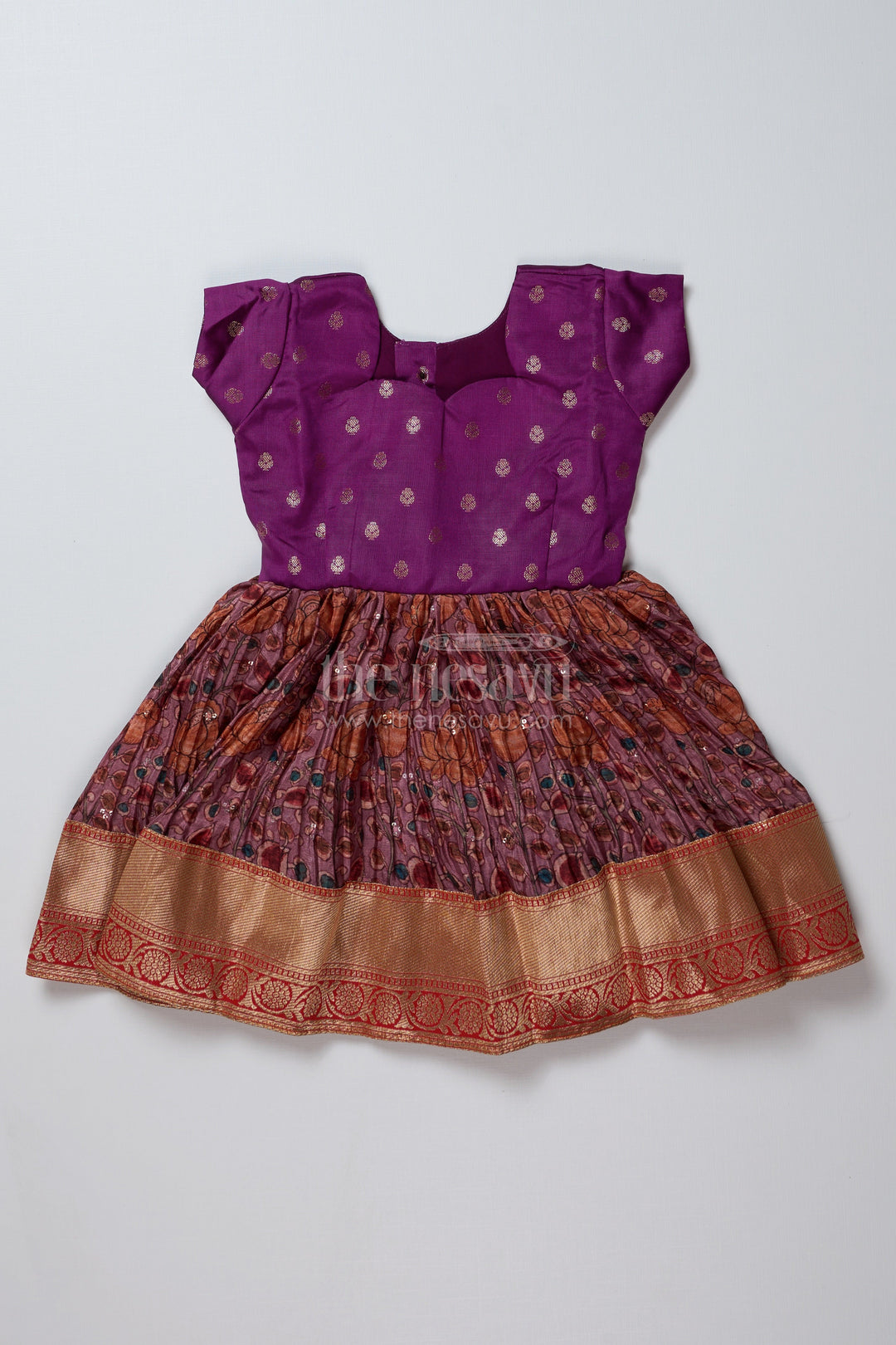 The Nesavu Silk Frock Girls Purple Traditional Dress with Chinon Silk Pleated Skirt and Elegant Zari Border Nesavu 14 (6M) / Purple SF966A-14 Girls Purple Traditional Dress Chinon Silk Pleats Zari Border | The Nesavu