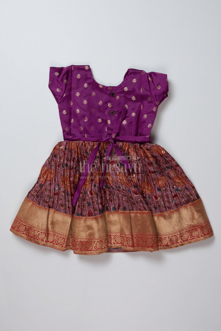 The Nesavu Silk Frock Girls Purple Traditional Dress with Chinon Silk Pleated Skirt and Elegant Zari Border Nesavu Girls Purple Traditional Dress Chinon Silk Pleats Zari Border | The Nesavu