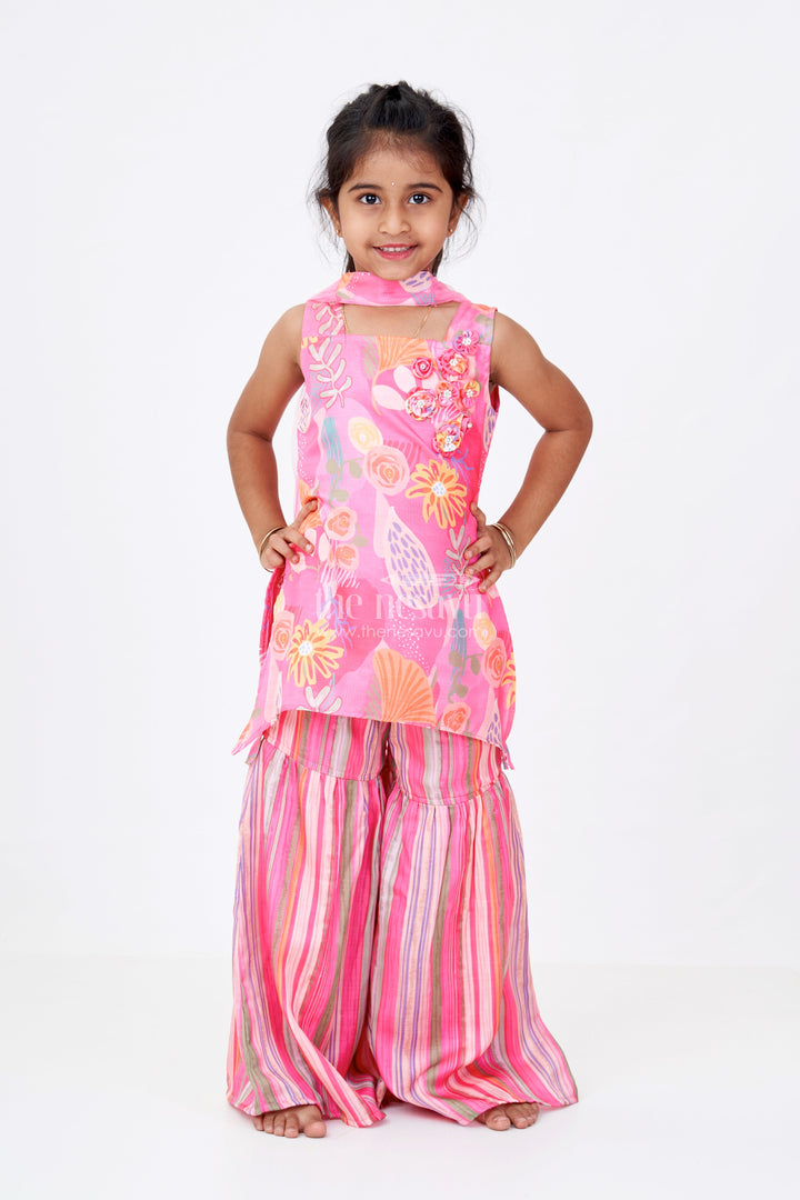 The Nesavu Girls Sharara / Plazo Set Girls Rani Pink Sharara with Floral Printed Top and Striped Flared Pants Nesavu 16 (1Y) / Pink GPS549B-16 Girls Rani Pink Sharara Floral Printed Top Striped Flared Pants | The Nesavu