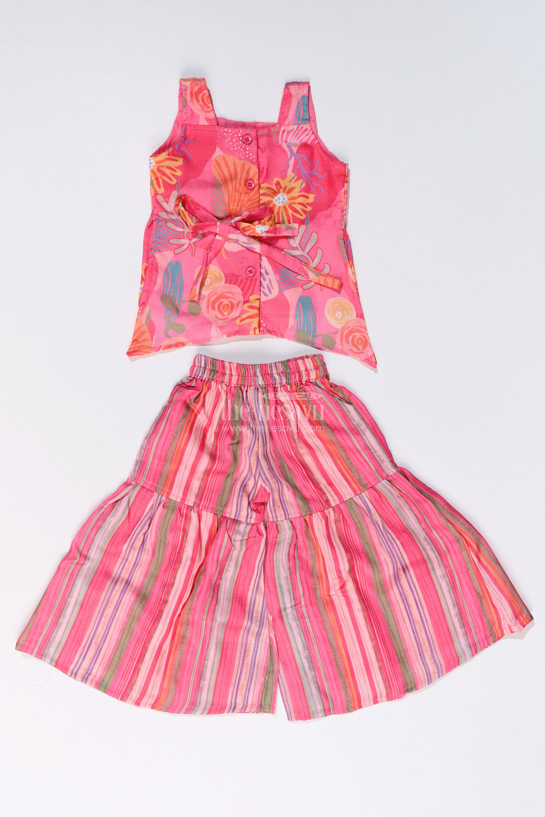 The Nesavu Girls Sharara / Plazo Set Girls Rani Pink Sharara with Floral Printed Top and Striped Flared Pants Nesavu Girls Rani Pink Sharara Floral Printed Top Striped Flared Pants | The Nesavu