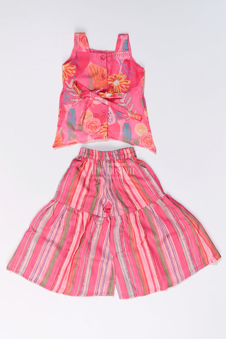 The Nesavu Girls Sharara / Plazo Set Girls Rani Pink Sharara with Floral Printed Top and Striped Flared Pants Nesavu Girls Rani Pink Sharara Floral Printed Top Striped Flared Pants | The Nesavu