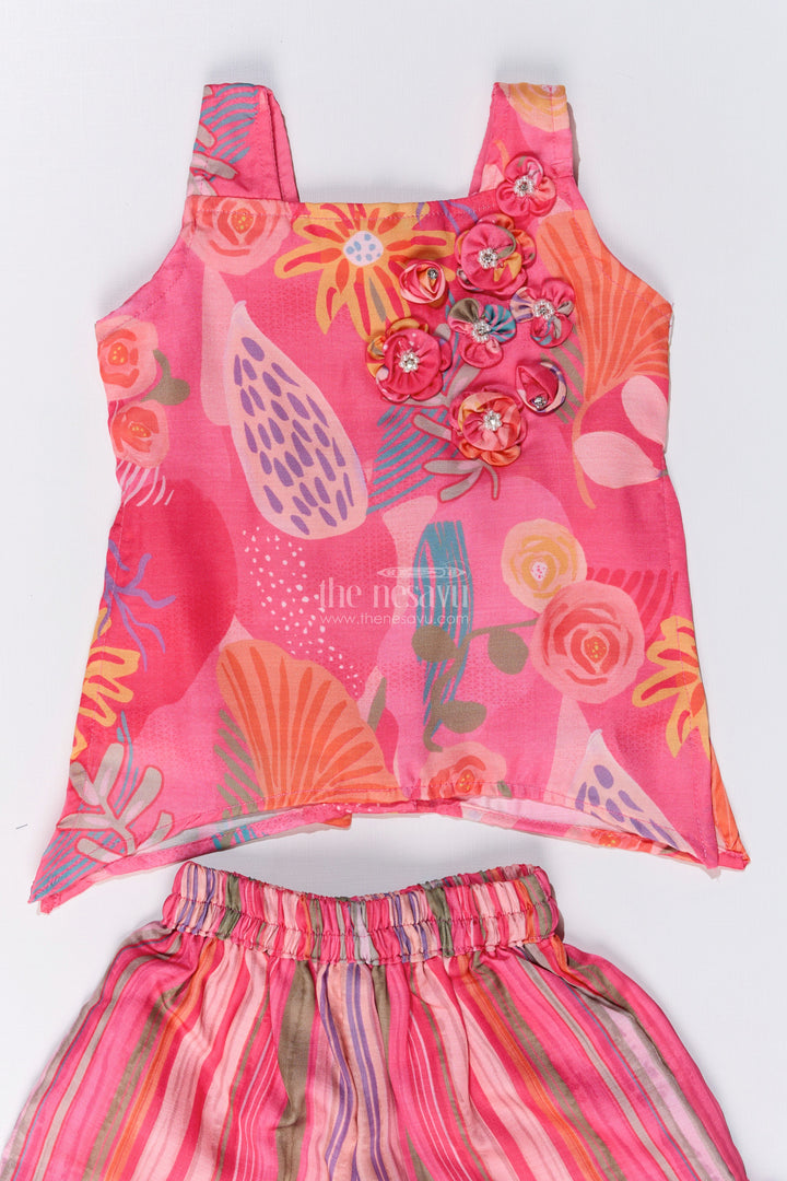 The Nesavu Girls Sharara / Plazo Set Girls Rani Pink Sharara with Floral Printed Top and Striped Flared Pants Nesavu Girls Rani Pink Sharara Floral Printed Top Striped Flared Pants | The Nesavu