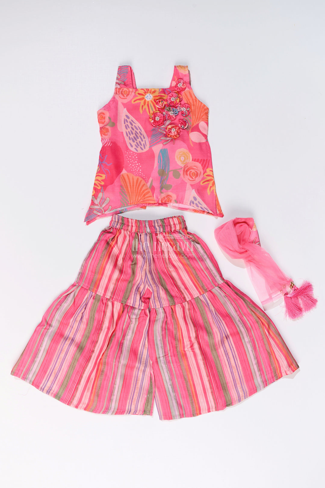 The Nesavu Girls Sharara / Plazo Set Girls Rani Pink Sharara with Floral Printed Top and Striped Flared Pants Nesavu Girls Rani Pink Sharara Floral Printed Top Striped Flared Pants | The Nesavu