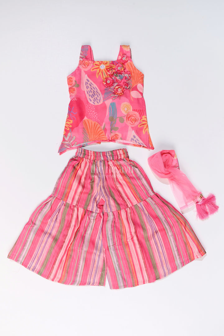 The Nesavu Girls Sharara / Plazo Set Girls Rani Pink Sharara with Floral Printed Top and Striped Flared Pants Nesavu Girls Rani Pink Sharara Floral Printed Top Striped Flared Pants | The Nesavu