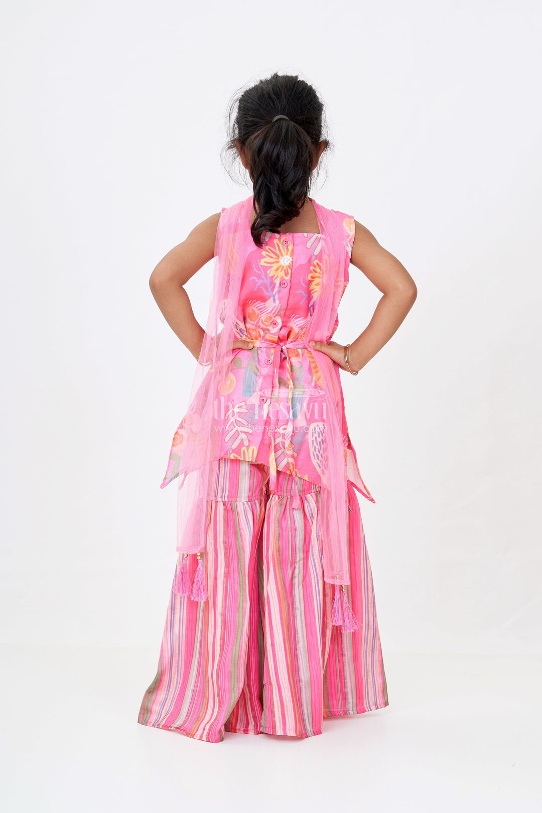 The Nesavu Girls Sharara / Plazo Set Girls Rani Pink Sharara with Floral Printed Top and Striped Flared Pants Nesavu Girls Rani Pink Sharara Floral Printed Top Striped Flared Pants | The Nesavu