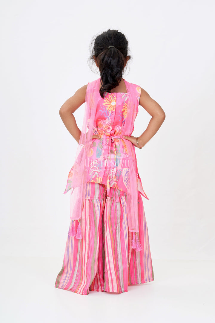 The Nesavu Girls Sharara / Plazo Set Girls Rani Pink Sharara with Floral Printed Top and Striped Flared Pants Nesavu Girls Rani Pink Sharara Floral Printed Top Striped Flared Pants | The Nesavu