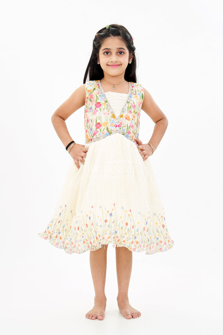 The Nesavu Silk Party Frock Girls Raw Silk Dresses Frocks with Floral Digital Print and Embellished Bodice for a Stylish Look Nesavu 24 (5Y) / Yellow SF973A-24 Girls Raw Silk Dresses Frocks Floral Digital Print Embellished Bodice | The Nesavu