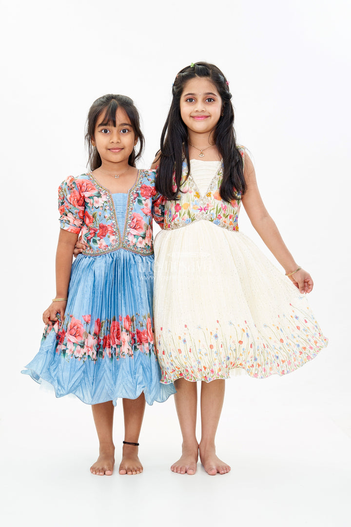 The Nesavu Silk Party Frock Girls Raw Silk Dresses Frocks with Floral Digital Print and Embellished Bodice for a Stylish Look Nesavu Girls Raw Silk Dresses Frocks Floral Digital Print Embellished Bodice | The Nesavu