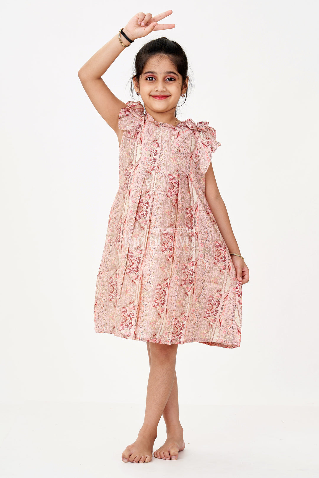 The Nesavu Girls Cotton Frock Girls Readymade Frock in Muslin Silk with Elegant Floral Design and Shoulder Bow Nesavu 16 (1Y) / Pink GFC1605C-16 Girls Readymade Frock Muslin Silk Elegant Floral Design Shoulder Bow | The Nesavu