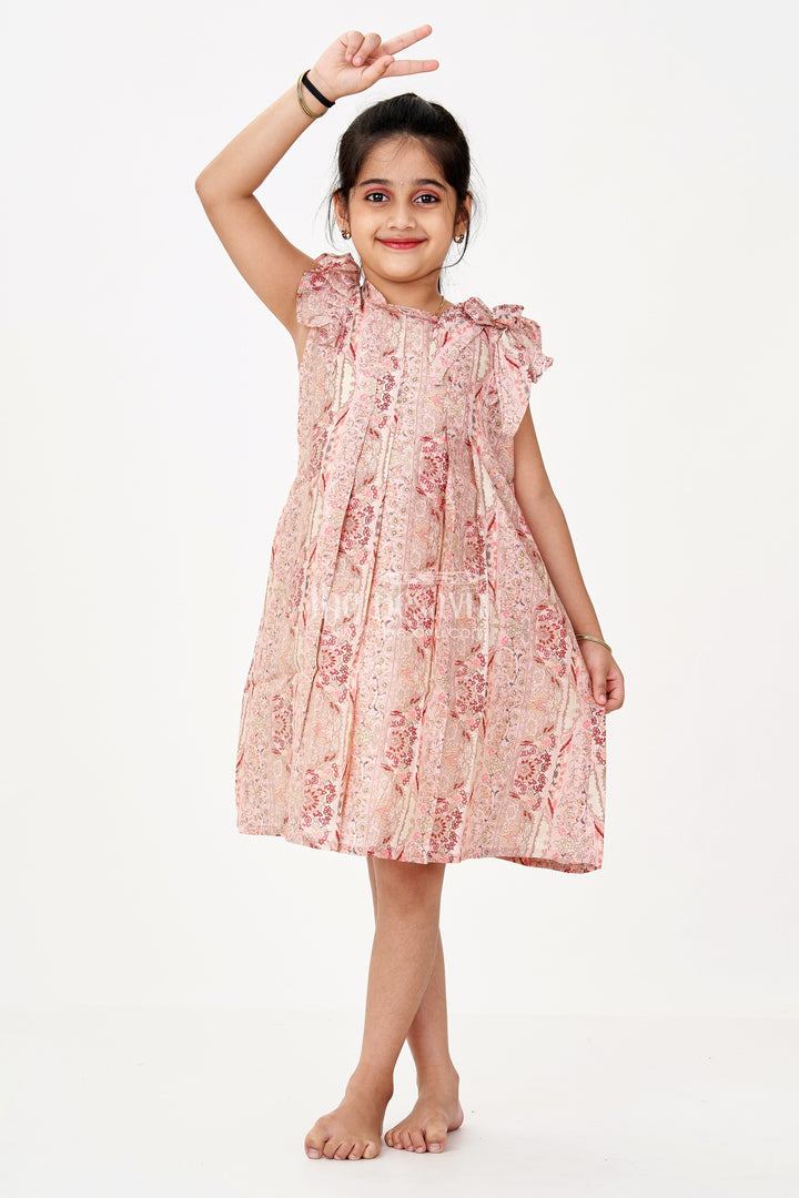 The Nesavu Girls Cotton Frock Girls Readymade Frock in Muslin Silk with Elegant Floral Design and Shoulder Bow Nesavu 16 (1Y) / Pink GFC1605C-16 Nesavu Girls Readymade Frock Muslin Silk Elegant Floral Design Shoulder Bow