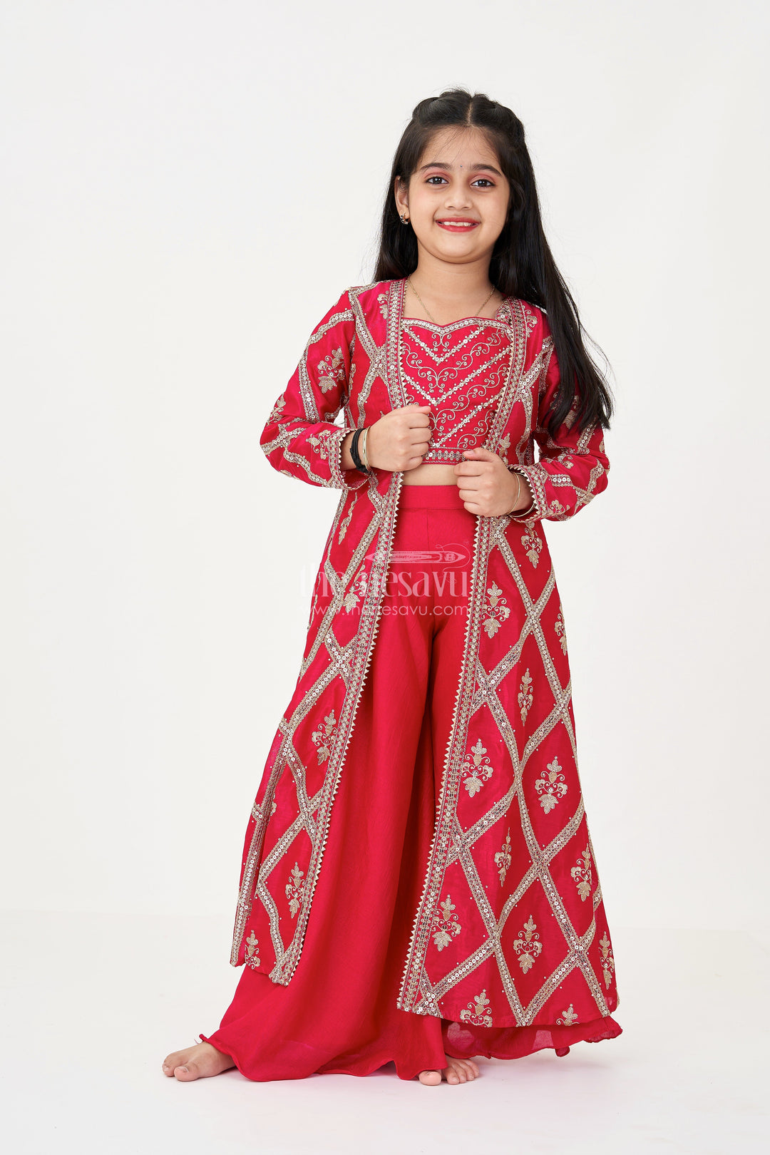 The Nesavu Girls Sharara / Plazo Set Girls Readymade Sharara Set in Maroon Georgette with Embroidered Jacket and Spaghetti Top Nesavu 22 (4Y) / Pink GPS574A-22 Girls Maroon Readymade Sharara Set Georgette Embroidered Jacket Mirror Work | The Nesavu