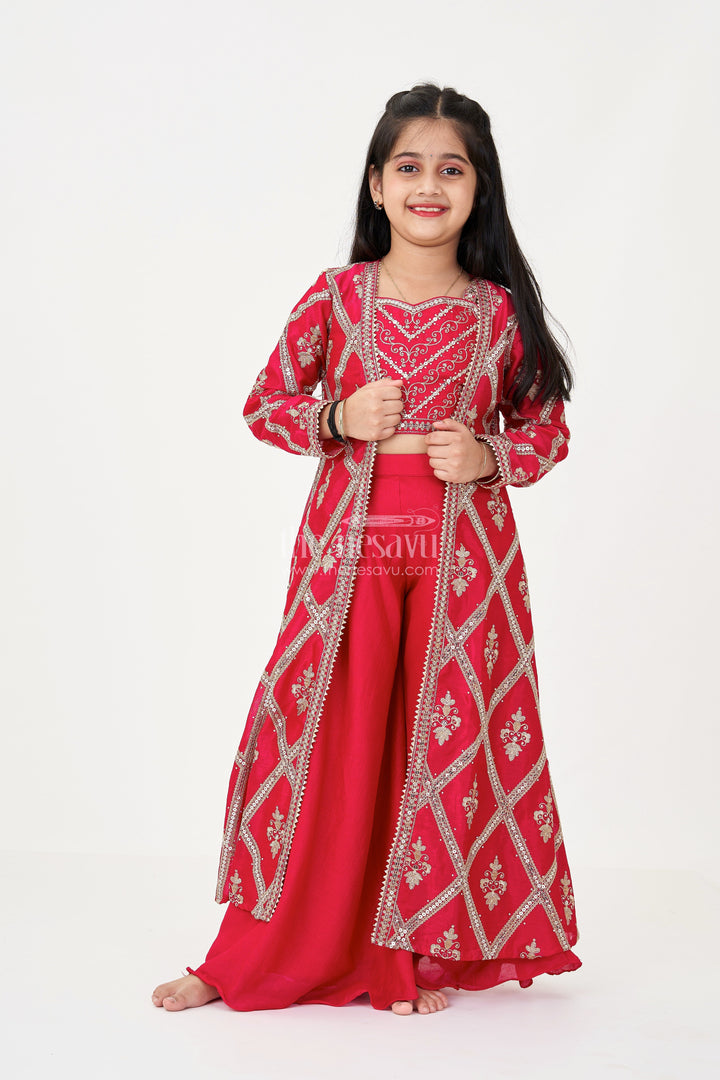 The Nesavu Girls Sharara / Plazo Set Girls Readymade Sharara Set in Maroon Georgette with Embroidered Jacket and Spaghetti Top Nesavu 22 (4Y) / Pink GPS574A-22 Girls Maroon Readymade Sharara Set Georgette Embroidered Jacket Mirror Work | The Nesavu