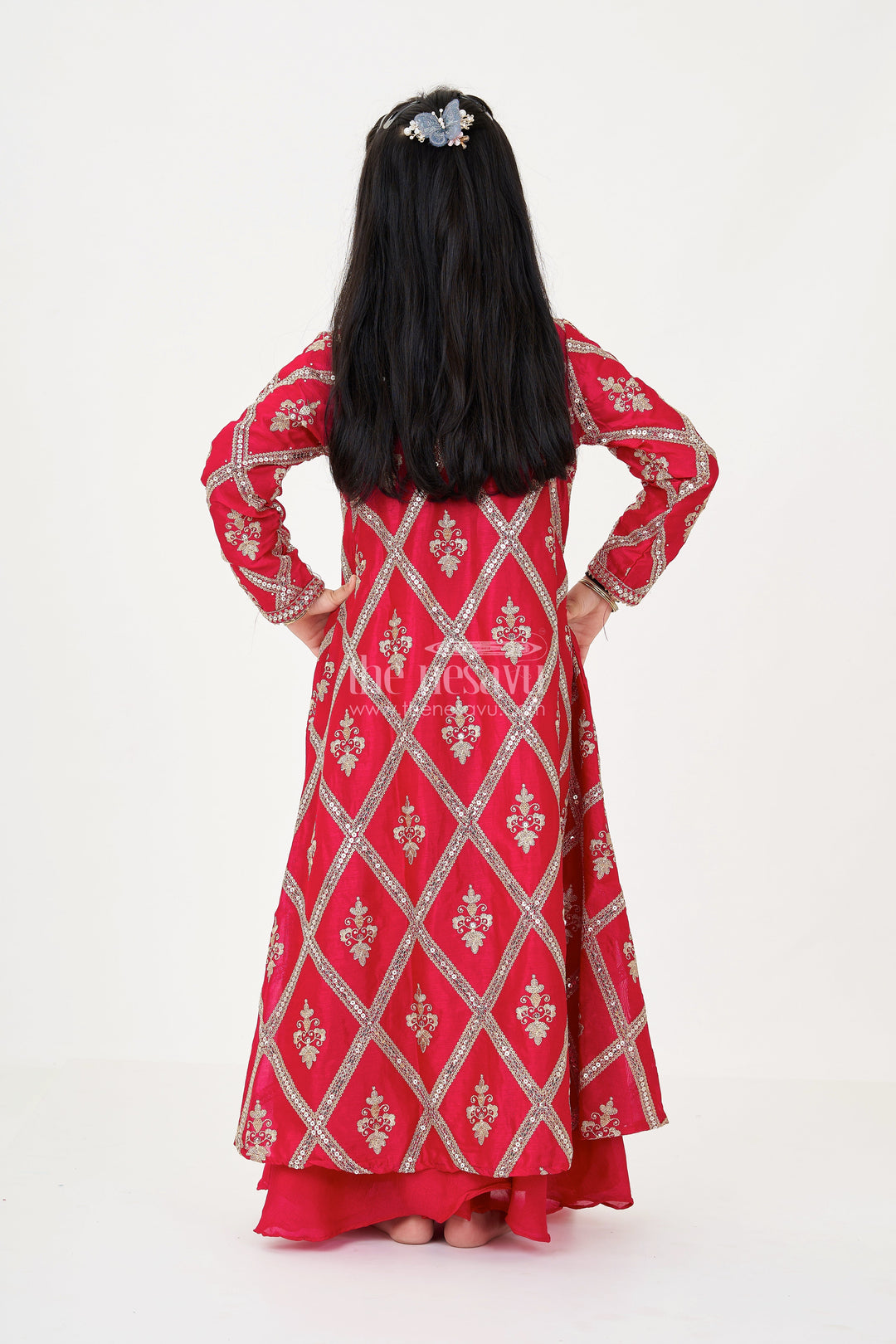 The Nesavu Girls Sharara / Plazo Set Girls Readymade Sharara Set in Maroon Georgette with Embroidered Jacket and Spaghetti Top Nesavu Girls Maroon Readymade Sharara Set Georgette Embroidered Jacket Mirror Work | The Nesavu