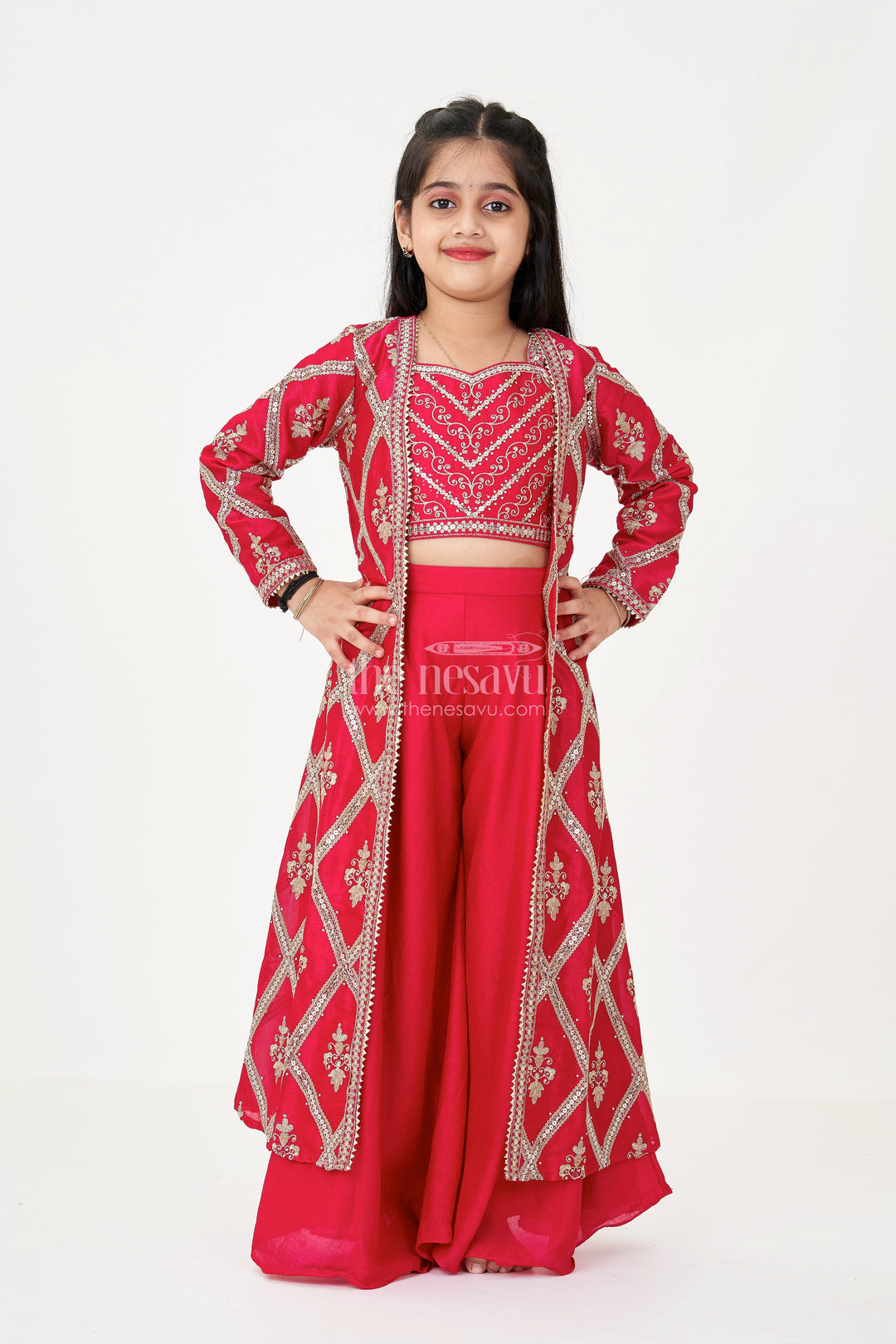 The Nesavu Girls Sharara / Plazo Set Girls Readymade Sharara Set in Maroon Georgette with Embroidered Jacket and Spaghetti Top Nesavu Girls Maroon Readymade Sharara Set Georgette Embroidered Jacket Mirror Work | The Nesavu