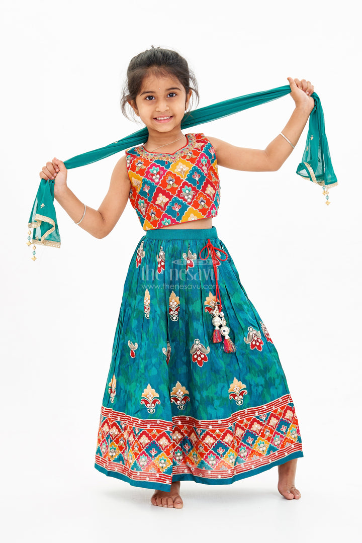 The Nesavu Girls Lehenga Choli Girls Reception Lehenga Designs with Mirror Work Choli and Embroidered Skirt in Green Nesavu 16 (1Y) / Green GL601A-16 Girls Reception Lehenga Designs Mirror Work Choli Embroidered Skirt | The Nesavu