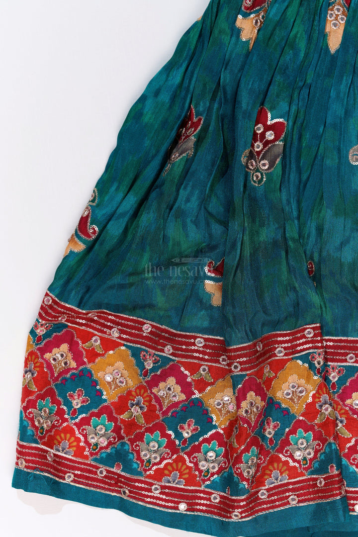 The Nesavu Girls Lehenga Choli Girls Reception Lehenga Designs with Mirror Work Choli and Embroidered Skirt in Green Nesavu Girls Reception Lehenga Designs Mirror Work Choli Embroidered Skirt | The Nesavu
