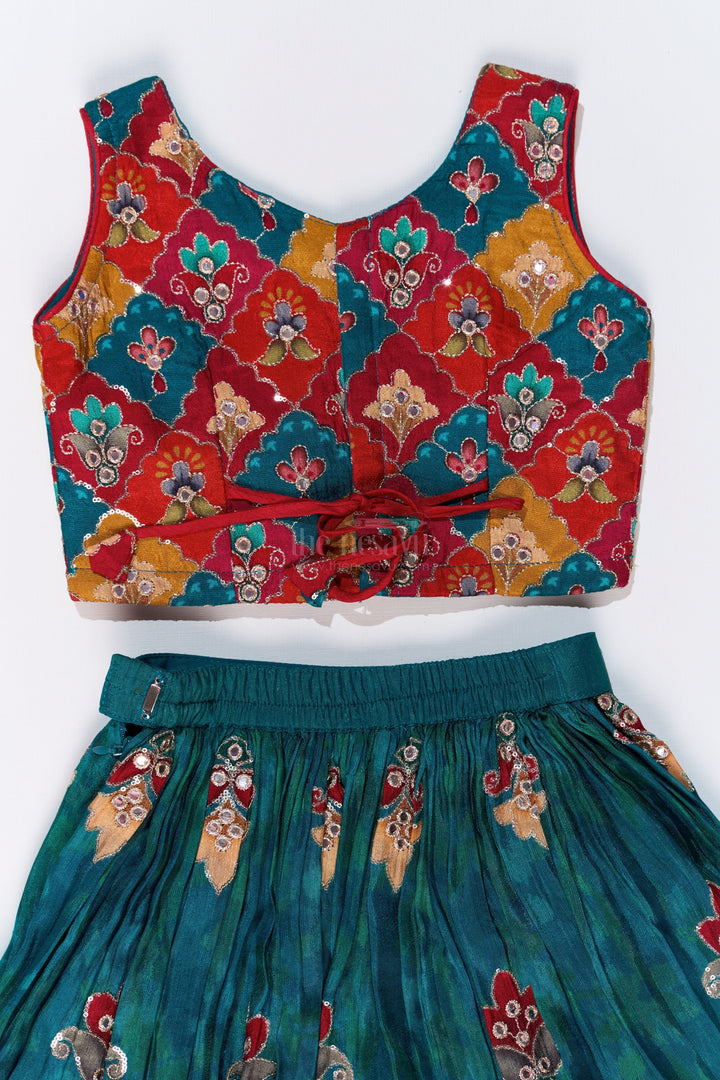 The Nesavu Girls Lehenga Choli Girls Reception Lehenga Designs with Mirror Work Choli and Embroidered Skirt in Green Nesavu Girls Reception Lehenga Designs Mirror Work Choli Embroidered Skirt | The Nesavu
