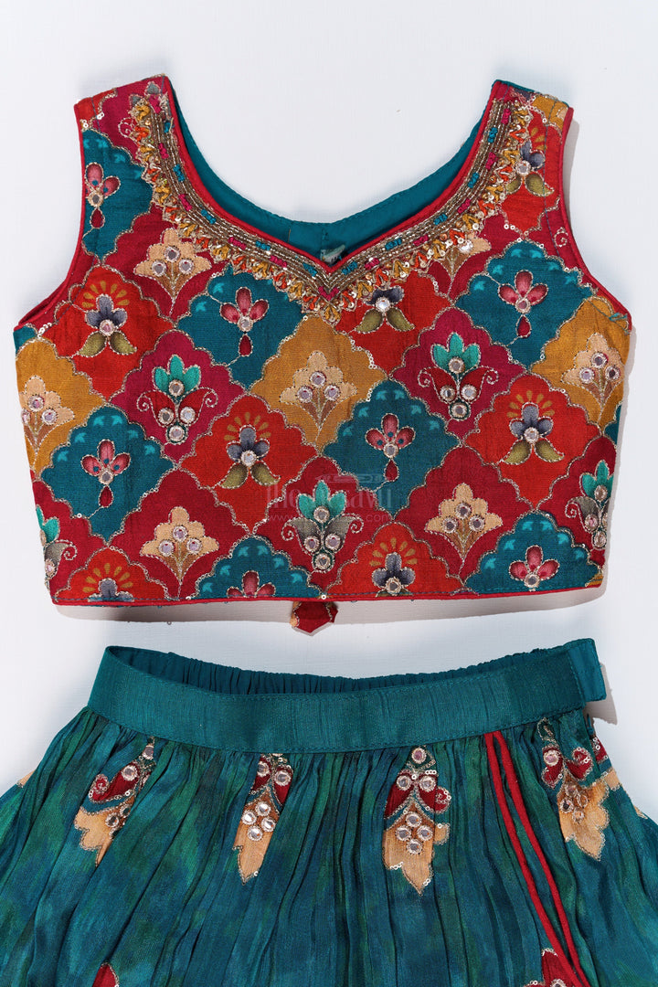 The Nesavu Girls Lehenga Choli Girls Reception Lehenga Designs with Mirror Work Choli and Embroidered Skirt in Green Nesavu Girls Reception Lehenga Designs Mirror Work Choli Embroidered Skirt | The Nesavu