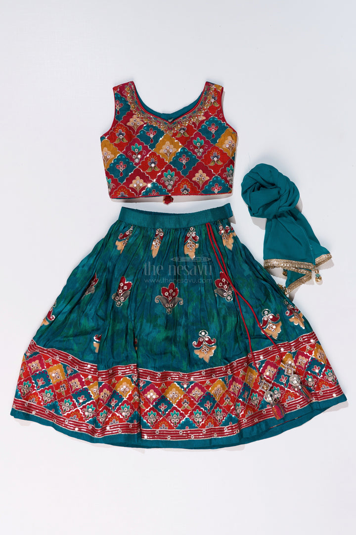 The Nesavu Girls Lehenga Choli Girls Reception Lehenga Designs with Mirror Work Choli and Embroidered Skirt in Green Nesavu Girls Reception Lehenga Designs Mirror Work Choli Embroidered Skirt | The Nesavu