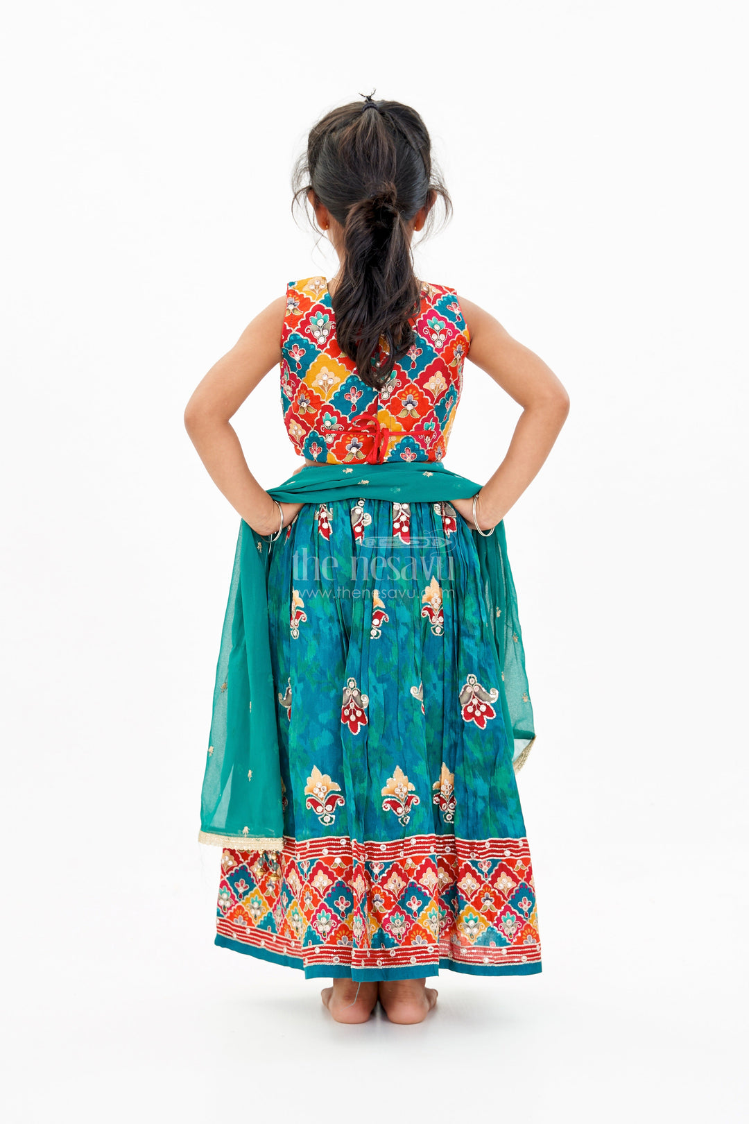 The Nesavu Girls Lehenga Choli Girls Reception Lehenga Designs with Mirror Work Choli and Embroidered Skirt in Green Nesavu Girls Reception Lehenga Designs Mirror Work Choli Embroidered Skirt | The Nesavu