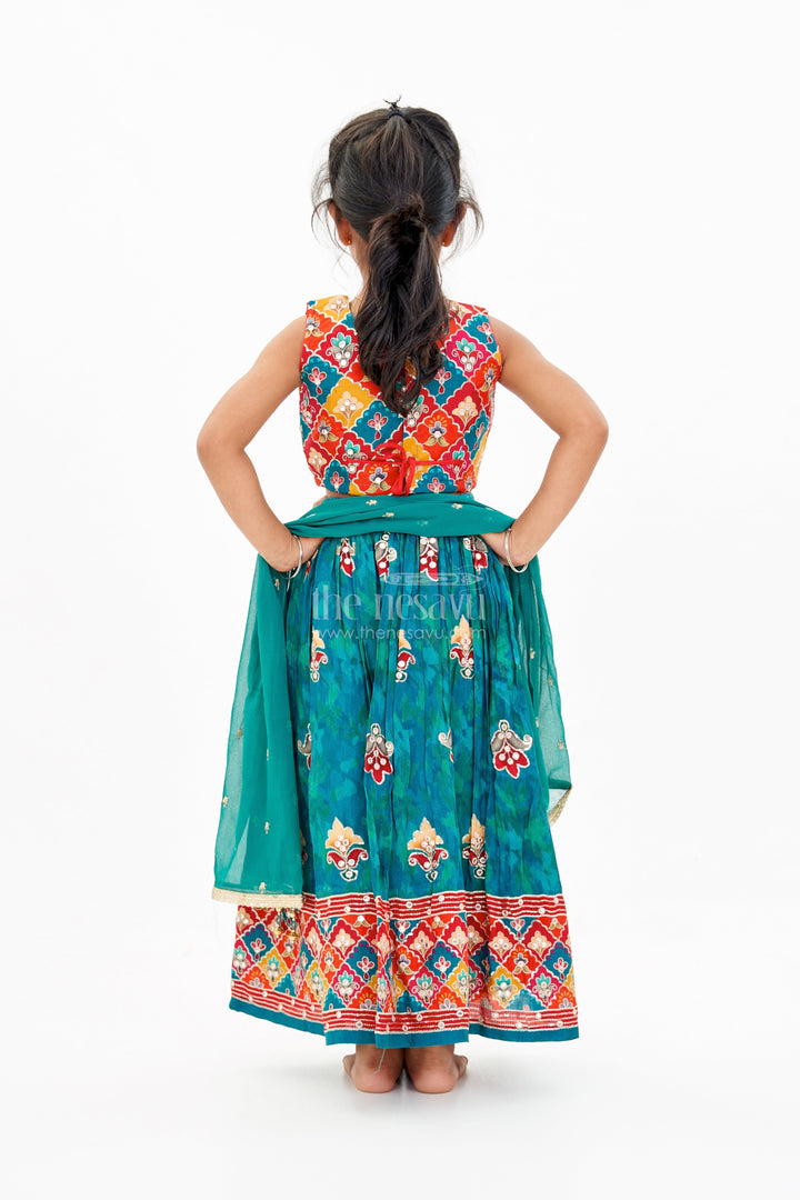 The Nesavu Girls Lehenga Choli Girls Reception Lehenga Designs with Mirror Work Choli and Embroidered Skirt in Green Nesavu Girls Reception Lehenga Designs Mirror Work Choli Embroidered Skirt | The Nesavu