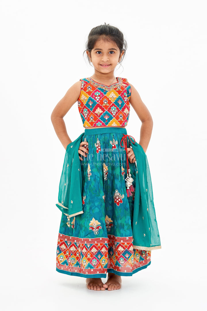 The Nesavu Girls Lehenga Choli Girls Reception Lehenga Designs with Mirror Work Choli and Embroidered Skirt in Green Nesavu Girls Reception Lehenga Designs Mirror Work Choli Embroidered Skirt | The Nesavu