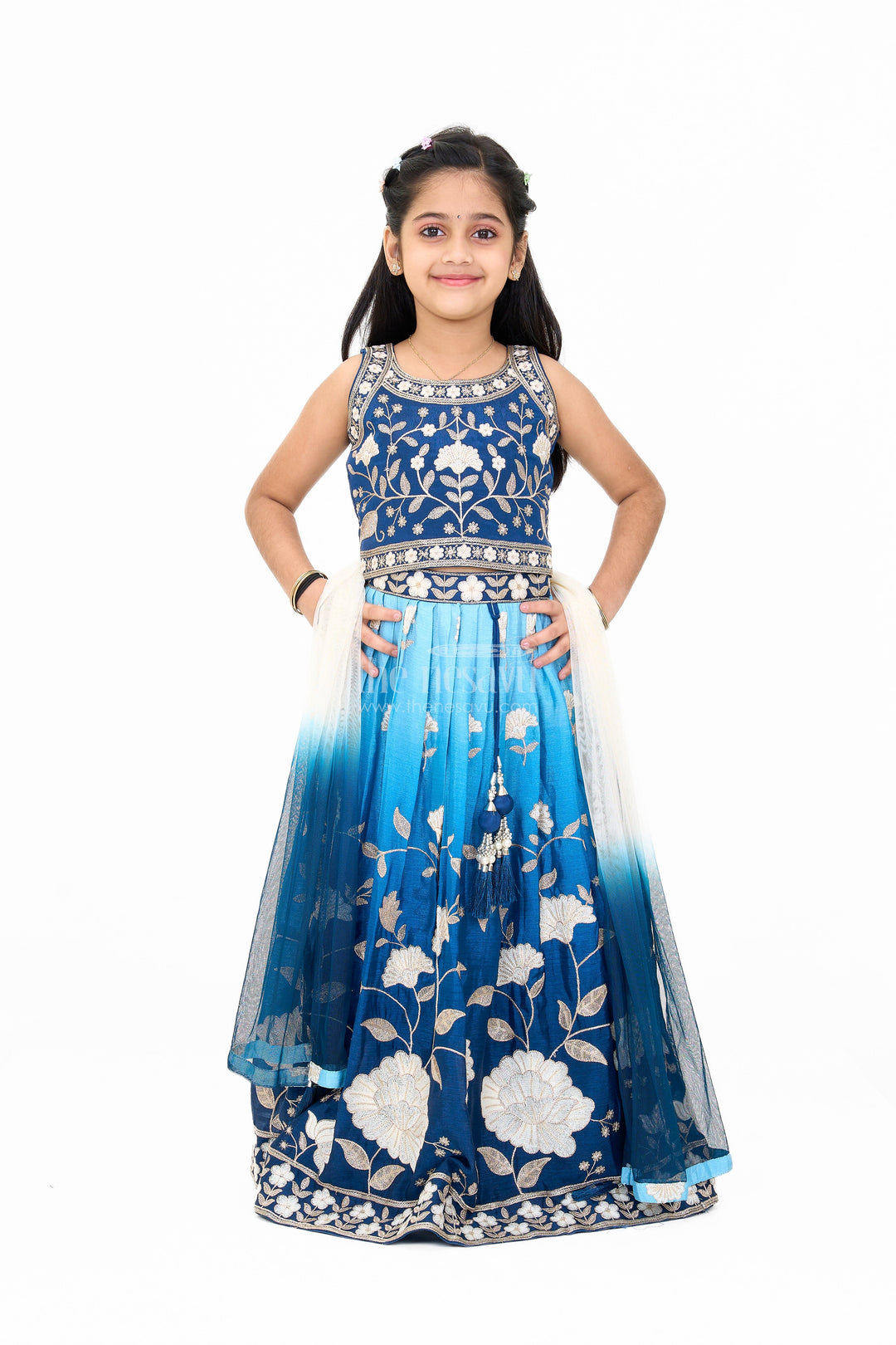 The Nesavu Girls Lehenga Choli Girls Reception Lehenga in Navy Blue Muslin Silk with Floral Embroidery Nesavu 24 (5Y) / Blue GL540B-24 Nesavu Girls Navy Blue Reception Lehenga Muslin Silk Floral Embroidery