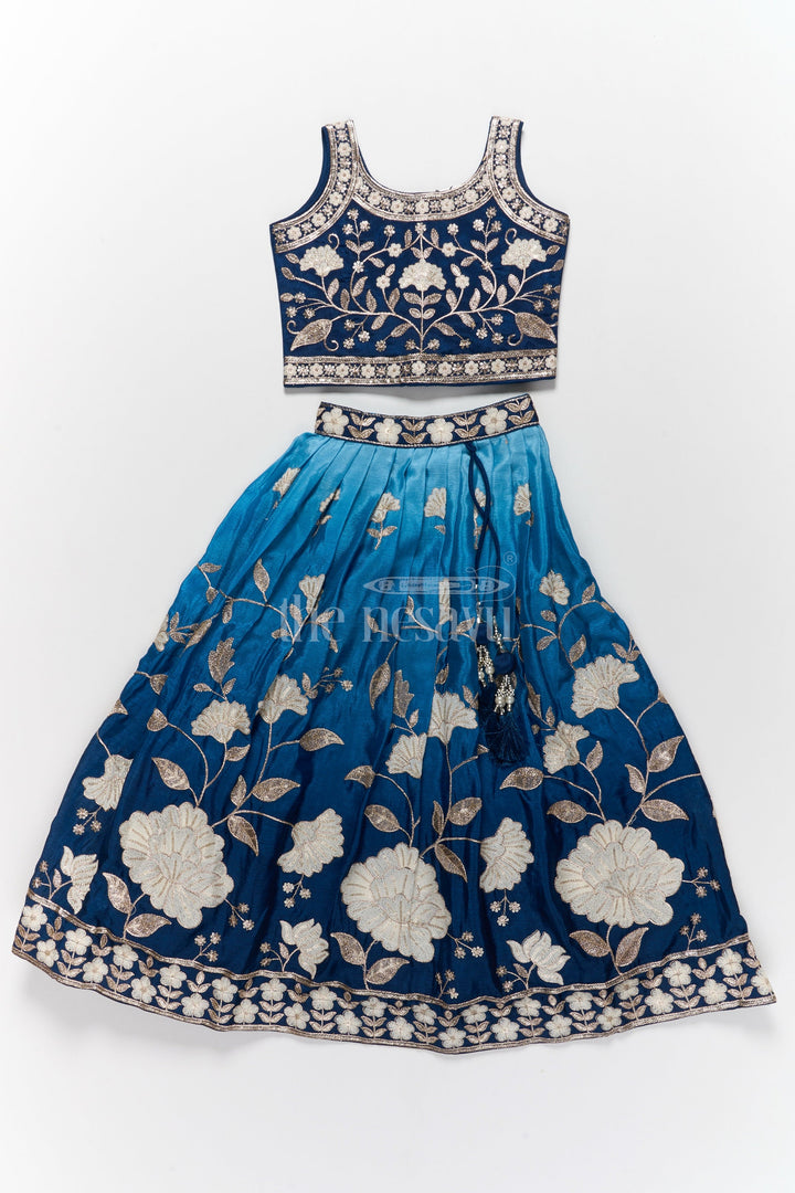 The Nesavu Girls Lehenga Choli Girls Reception Lehenga in Navy Blue Muslin Silk with Floral Embroidery Nesavu 24 (5Y) / Blue GL540B-24 Nesavu Girls Navy Blue Reception Lehenga Muslin Silk Floral Embroidery