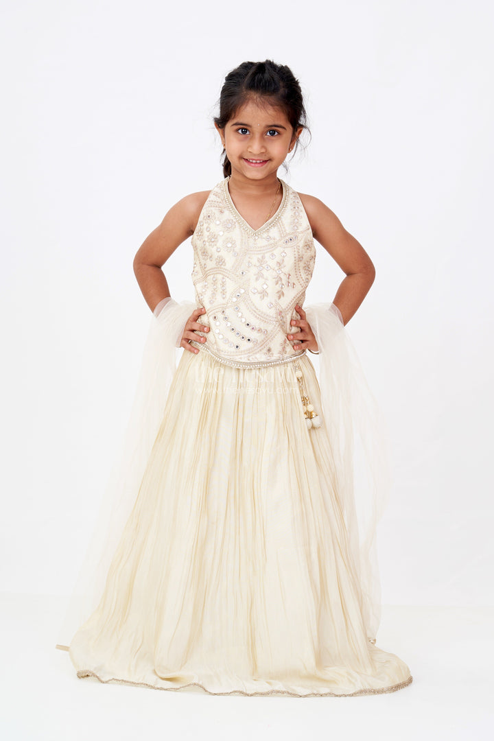 The Nesavu Girls Lehenga Choli Girls Reception Lehenga in Pure Viscose Tissue Silk with Halter Neck Embellished Choli Nesavu 16 (1Y) / Cream GL565A-16 Girls Reception Lehenga Pure Viscose Tissue Silk Halter Neck Embellished Choli | The Nesavu