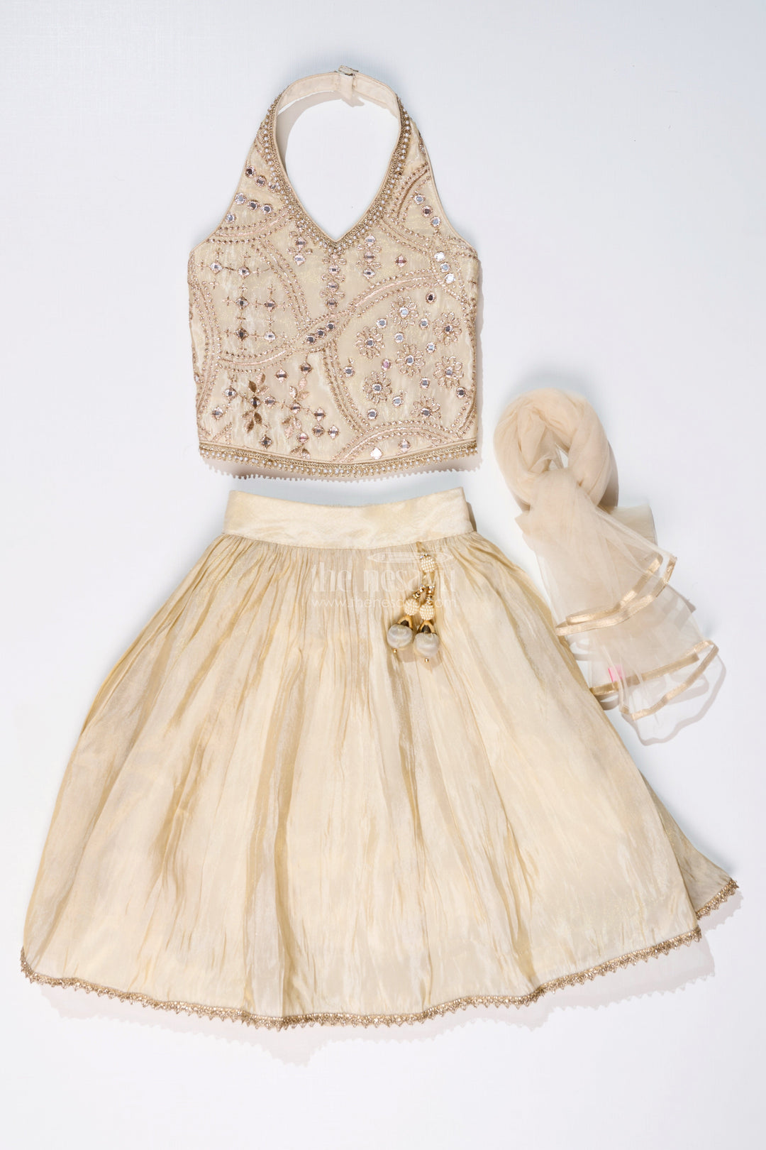 The Nesavu Girls Lehenga Choli Girls Reception Lehenga in Pure Viscose Tissue Silk with Halter Neck Embellished Choli Nesavu Girls Reception Lehenga Pure Viscose Tissue Silk Halter Neck Embellished Choli | The Nesavu