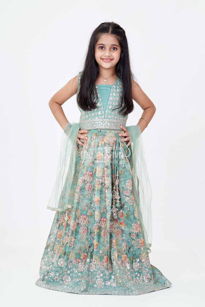 The Nesavu Girls Lehenga Choli Girls Reception Look with Lehenga in Green with Digital Floral Prints and Embroidered Blouse Nesavu 24 (5Y) / Green GL578B-24 Girls Reception Lehenga Green Digital Floral Print Mirror Work Choli | The Nesavu