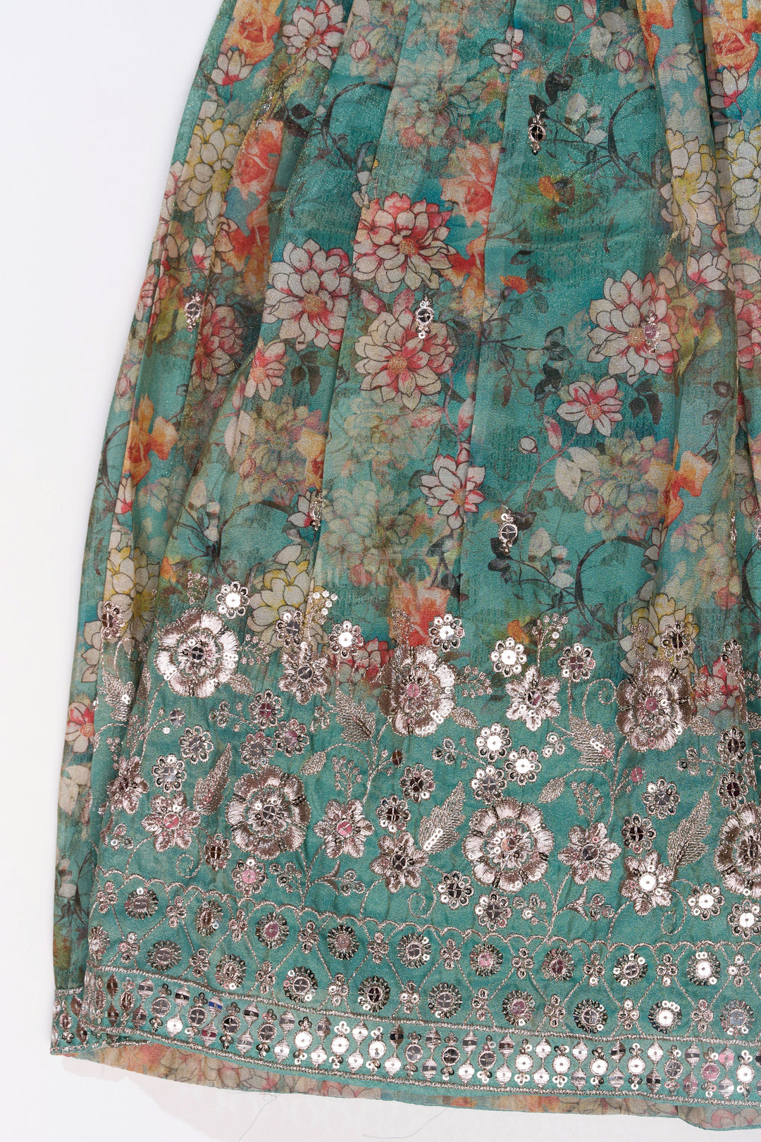 The Nesavu Girls Lehenga Choli Girls Reception Look with Lehenga in Green with Digital Floral Prints and Embroidered Blouse Nesavu Girls Reception Lehenga Green Digital Floral Print Mirror Work Choli | The Nesavu