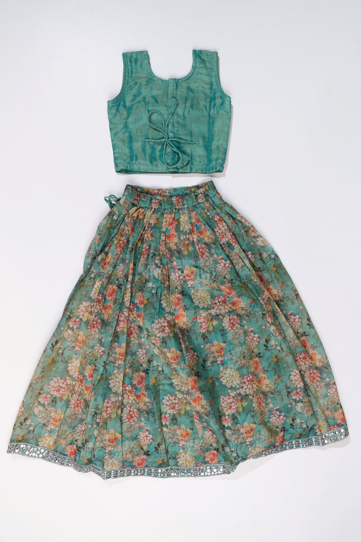 The Nesavu Girls Lehenga Choli Girls Reception Look with Lehenga in Green with Digital Floral Prints and Embroidered Blouse Nesavu Girls Reception Lehenga Green Digital Floral Print Mirror Work Choli | The Nesavu