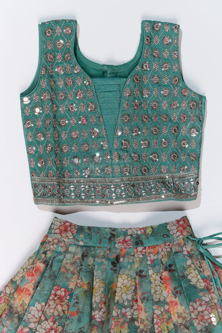 The Nesavu Girls Lehenga Choli Girls Reception Look with Lehenga in Green with Digital Floral Prints and Embroidered Blouse Nesavu Girls Reception Lehenga Green Digital Floral Print Mirror Work Choli | The Nesavu