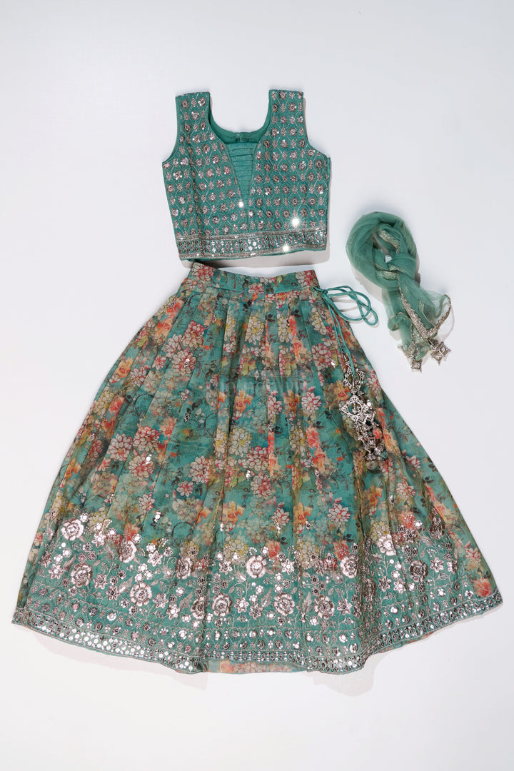 The Nesavu Girls Lehenga Choli Girls Reception Look with Lehenga in Green with Digital Floral Prints and Embroidered Blouse Nesavu Girls Reception Lehenga Green Digital Floral Print Mirror Work Choli | The Nesavu