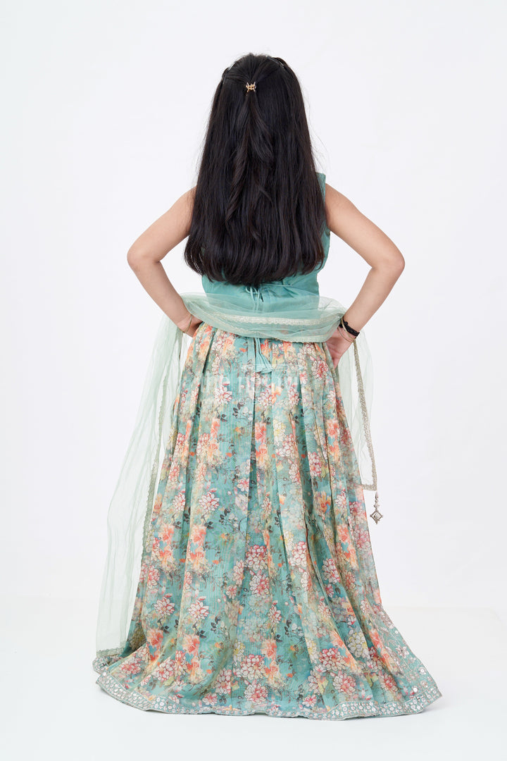 The Nesavu Girls Lehenga Choli Girls Reception Look with Lehenga in Green with Digital Floral Prints and Embroidered Blouse Nesavu Girls Reception Lehenga Green Digital Floral Print Mirror Work Choli | The Nesavu