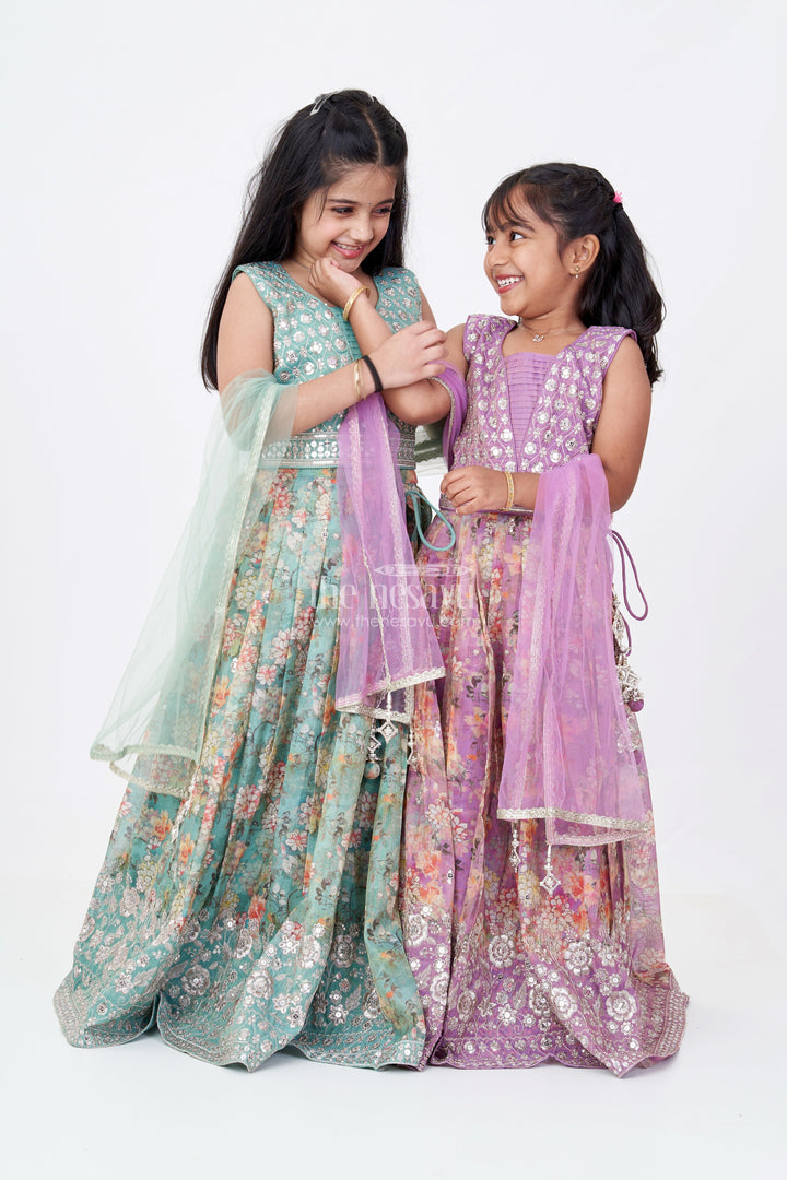 The Nesavu Girls Lehenga Choli Girls Reception Look with Lehenga in Green with Digital Floral Prints and Embroidered Blouse Nesavu Girls Reception Lehenga Green Digital Floral Print Mirror Work Choli | The Nesavu