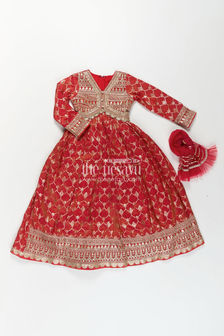 The Nesavu Girls Silk Gown Girls Reception Party Wear Silk Gown with Banarasi Organza Fabric and Designer Embellished Yoke Nesavu 24 (5Y) / Orange GA319A-24 Girls Reception Party Wear Banarasi Silk Gown Embellished Yoke Matching Dupatta | The Nesavu