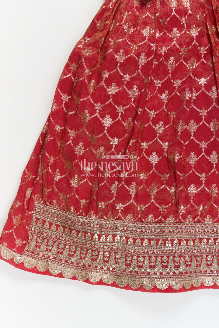 The Nesavu Girls Silk Gown Girls Reception Party Wear Silk Gown with Banarasi Organza Fabric and Designer Embellished Yoke Nesavu Girls Reception Party Wear Banarasi Silk Gown Embellished Yoke Matching Dupatta | The Nesavu