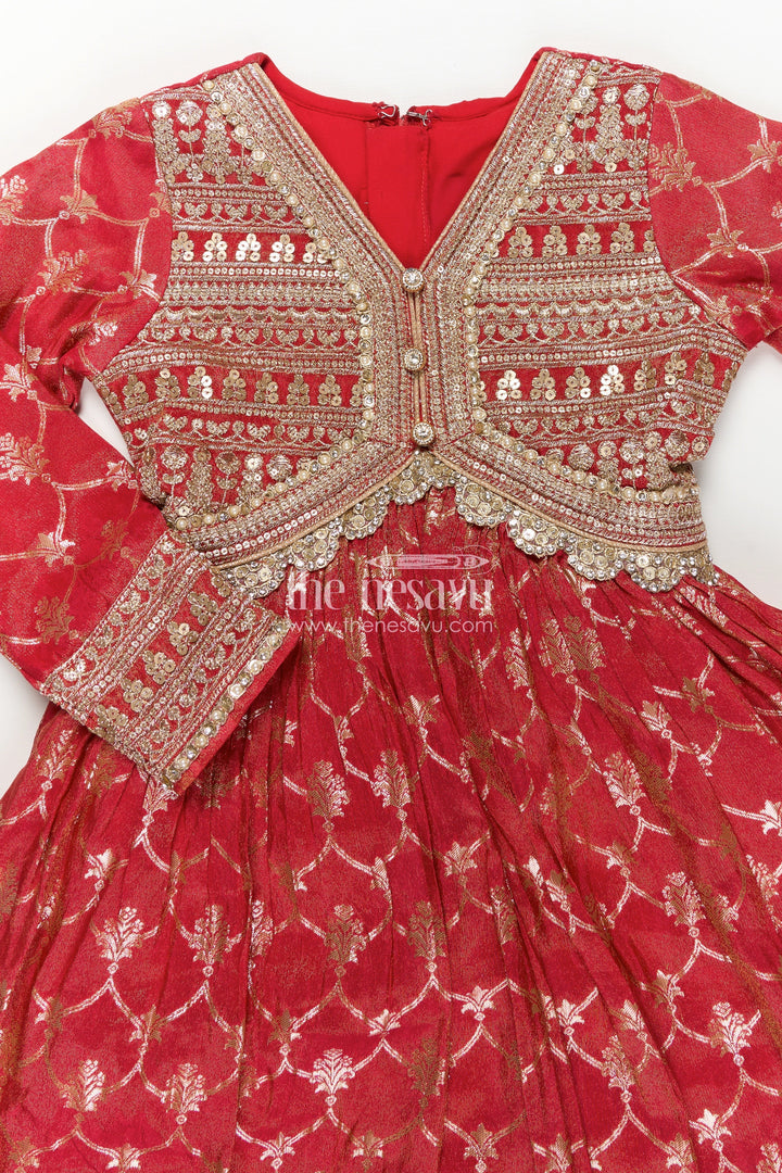 The Nesavu Girls Silk Gown Girls Reception Party Wear Silk Gown with Banarasi Organza Fabric and Designer Embellished Yoke Nesavu Girls Reception Party Wear Banarasi Silk Gown Embellished Yoke Matching Dupatta | The Nesavu